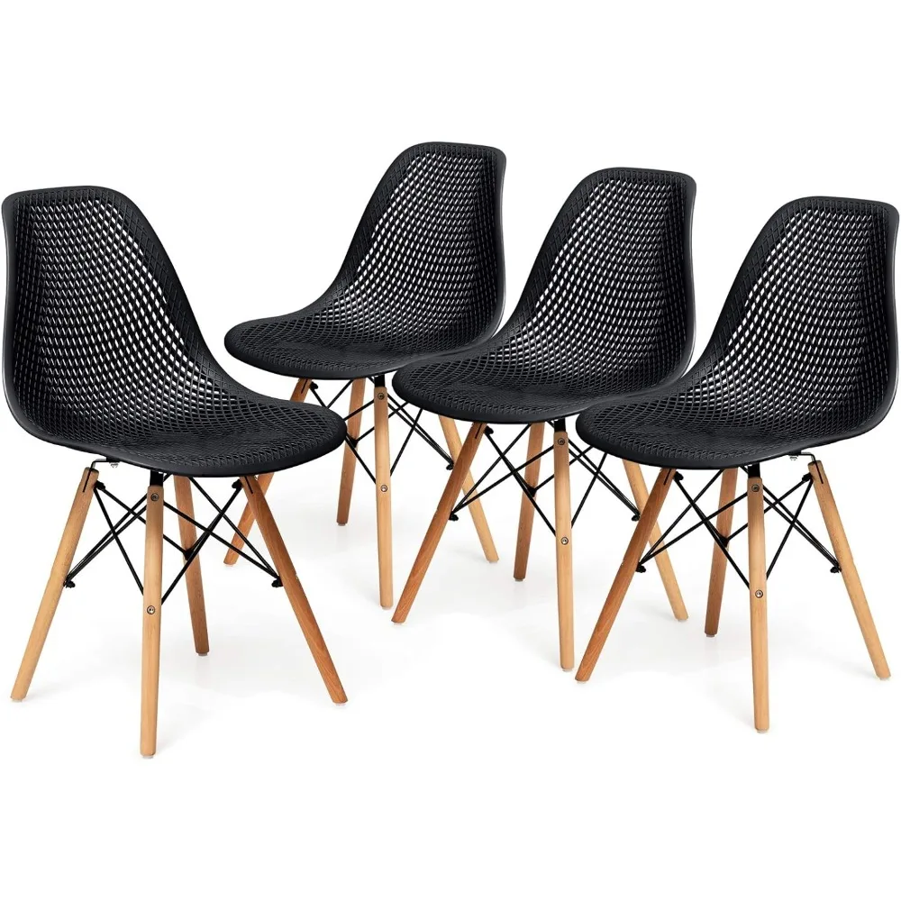 Set of 4 Modern Dining Chairs, Outdoor Indoor Shell PP Lounge Side Chairs with Mesh Design, Beech Wood Legs,Tulip Leisure Chairs