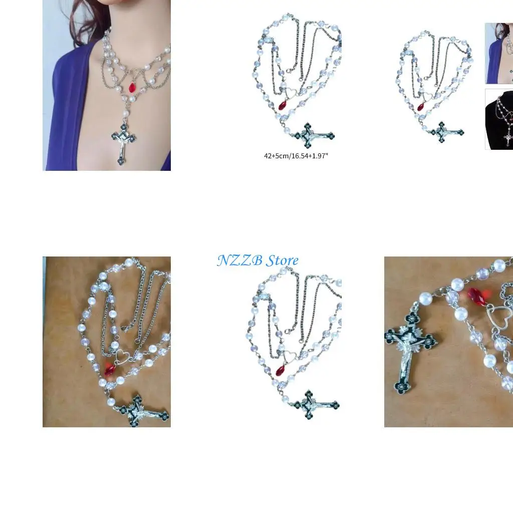 

T21F Rosary Cross-shape Exaggerated Clavicle Chain Temperament Multilayer Necklace