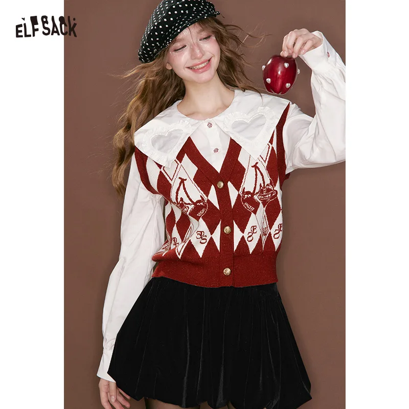 

ELFSACK Y2K Preppy Diamond Pattern Cherry V Neck Button Cardigan Sweater Vest For Women