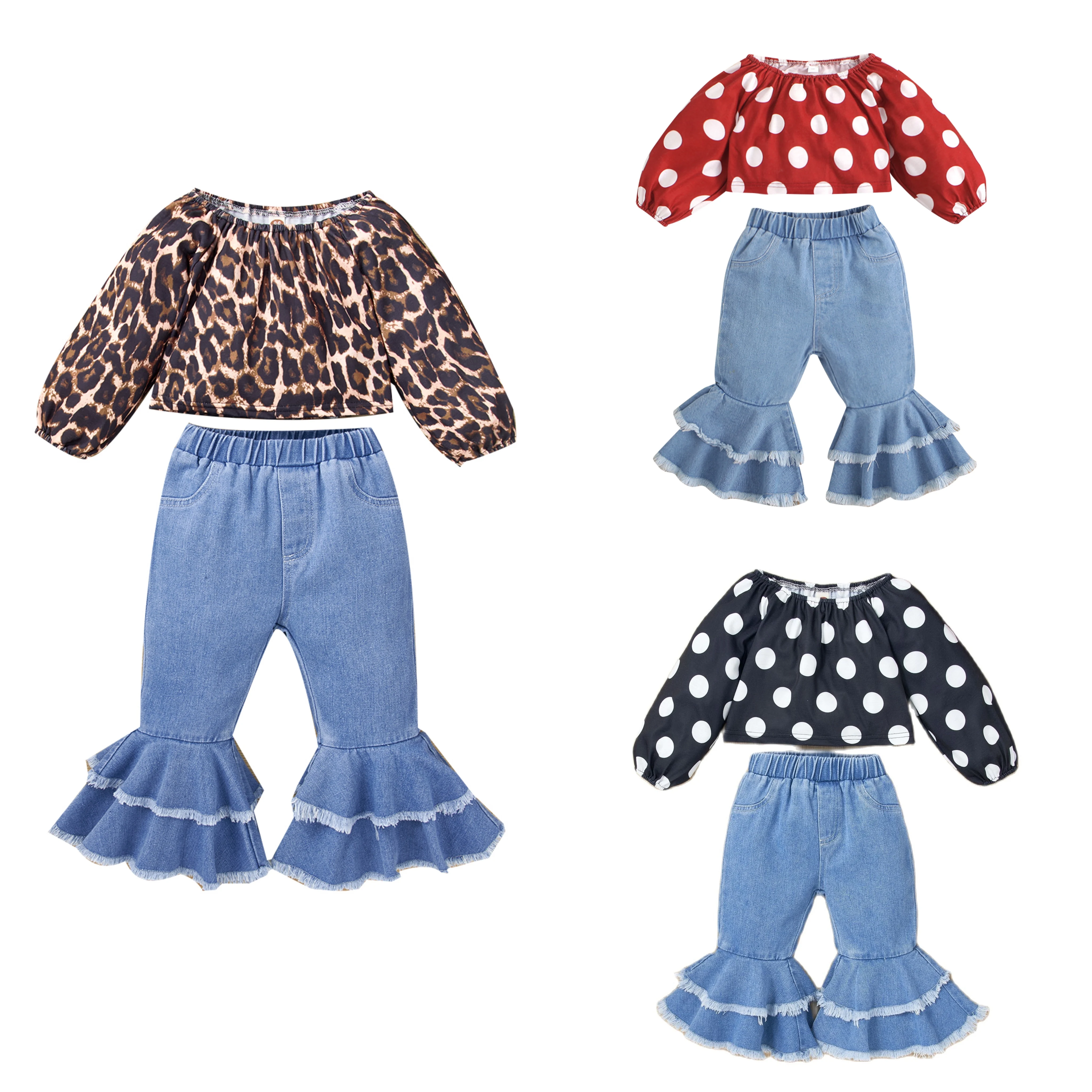 0-2Y Denim Baby Girls Outfits Set Polka Dots Print Top Ruffles Flared Jeans Pants Newborn Baby Clothes Girls Set