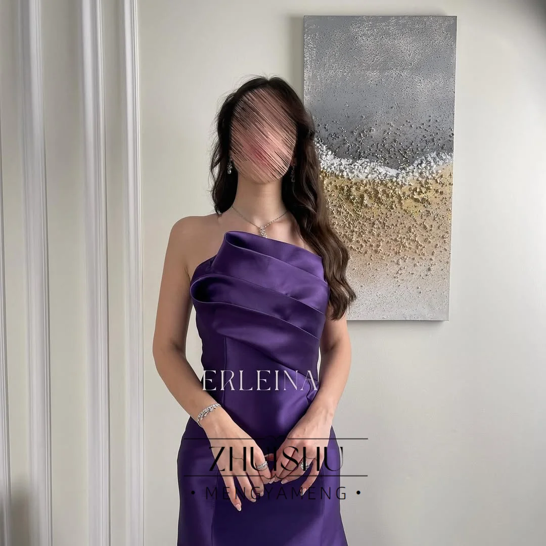 ZHUISHU Purple Satin Saudi Evening Dresses Women Semi-Mermaid Strapless Formal Event Dress Customized Party Gown Ankle-Length
