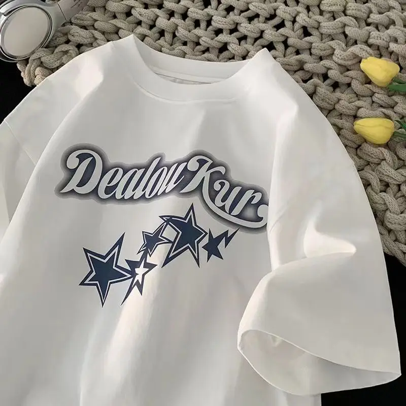 

Star letter printed short-sleeved T-shirt summer American high street trend heavy cotton loose oversize body sleeves y2k emo ins