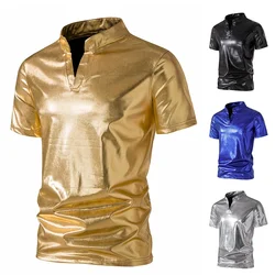 Nightclub T-Shirts Men Glossy Gold Short Sleeve Polo Shirt Henry Collar 70s Disco Party Club Stage Costume