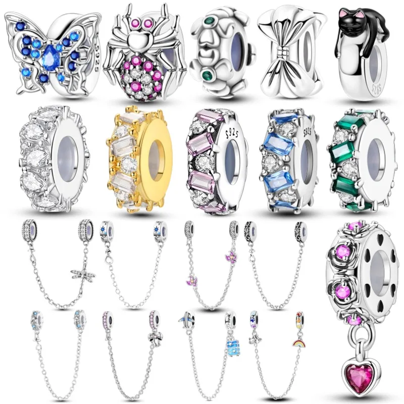 

925 Sterling Silver Clip Charms Fit Original Charms Beads Zircon pave Silicone Spacer Beads for Bracelet Women DIY Gift Birthday