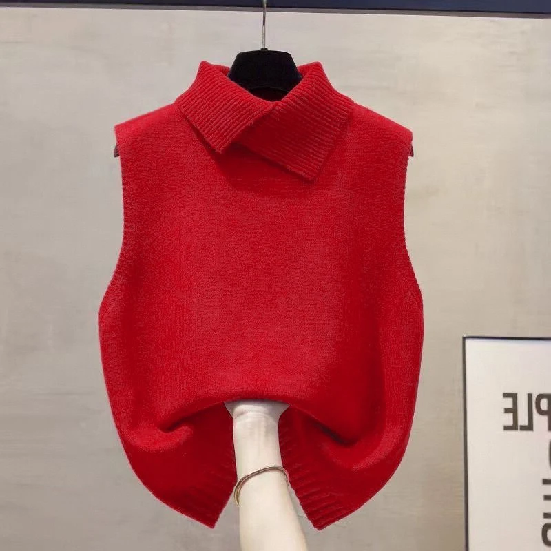Koreanische einfarbige, ärmellose, vielseitige, lässige Strickweste mit Reverskragen für Damen für Herbst und Winter – Detail 7