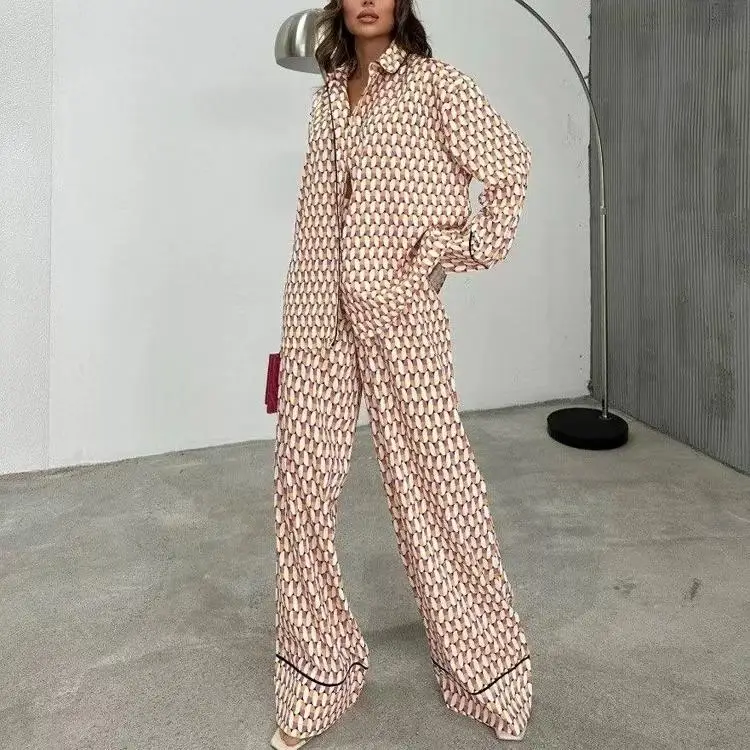 

Повседневный комплект из длинных брюк с принтом Све, женский модный осенний комплект, костюм из двух предметов с застежкой на пуговицы, классический воротник