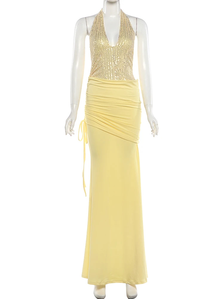 Kliou Ruched Elegant Gown Dress Woman Sequin Patchwork Halter Low-Neck Backless Sleeveless Midnight Banquet Party Long Bodycon view 6