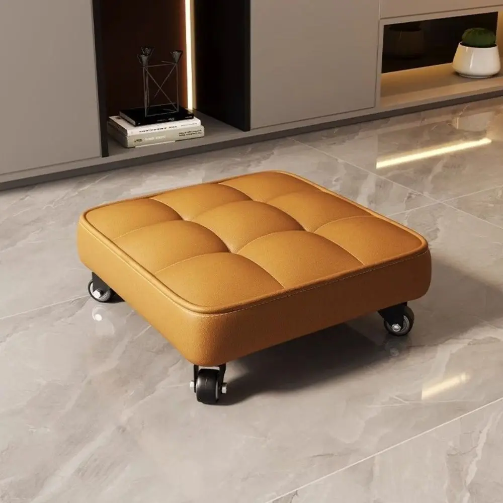 Comfort Upholstered Swivel Caster Stool Square Shape Stitched Low Sliding Bench Rounded Edges 360°