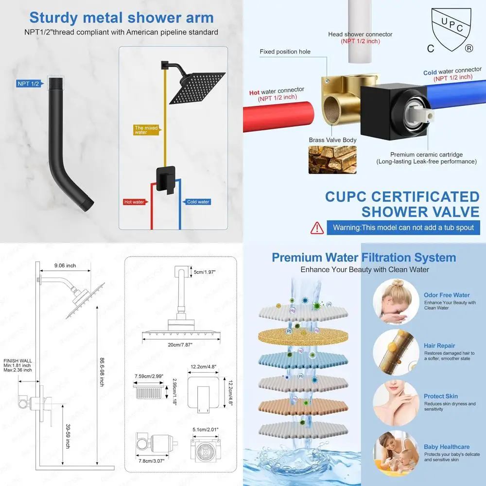 

Matte Black 8-Inch Square Rain Shower System with Single Function Trim Kit and Rough-in for Hard Water Areas