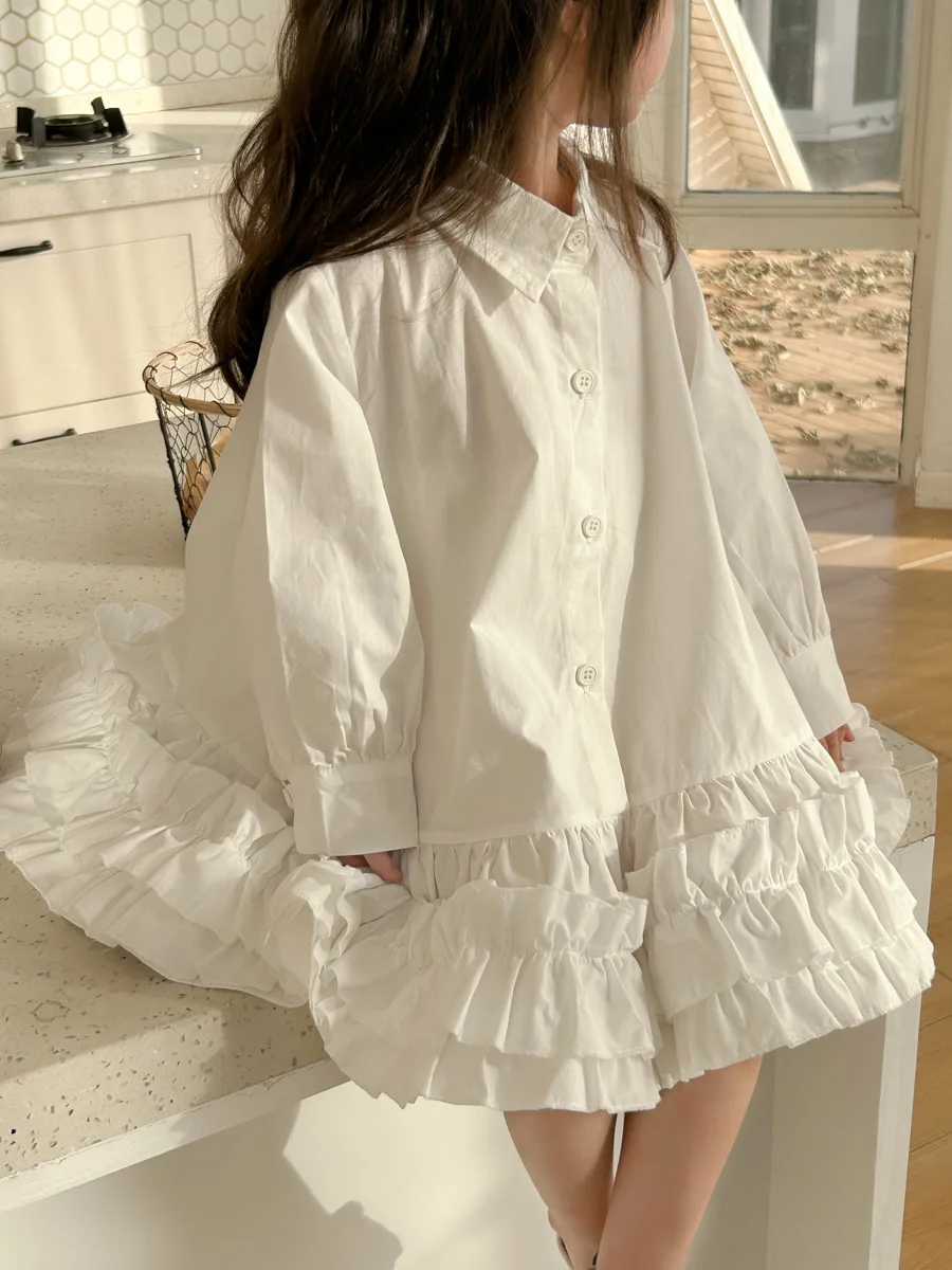 Blouses Girls Shirt Spring New Children Clothing Korean Long Sleeved Pleats Princess Simple 2024 Turn Down Collar Flower