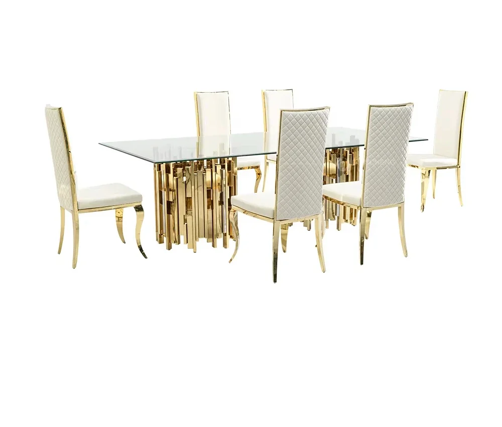 Gold and silver stainless steel metal dinning table and chair set for 4 6 seater luxury malaysia tempered glass top dining table