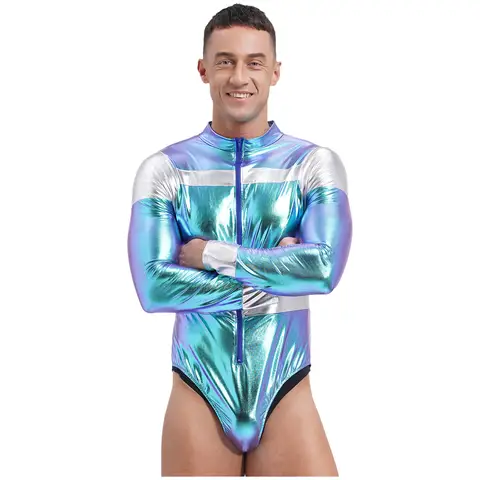 Halloween Men Space Astronaut Carnival Cosplay Bodysuit Long Sleeve Bodycon Leotard Metallic Shiny Contrast Jumpsuit Costume