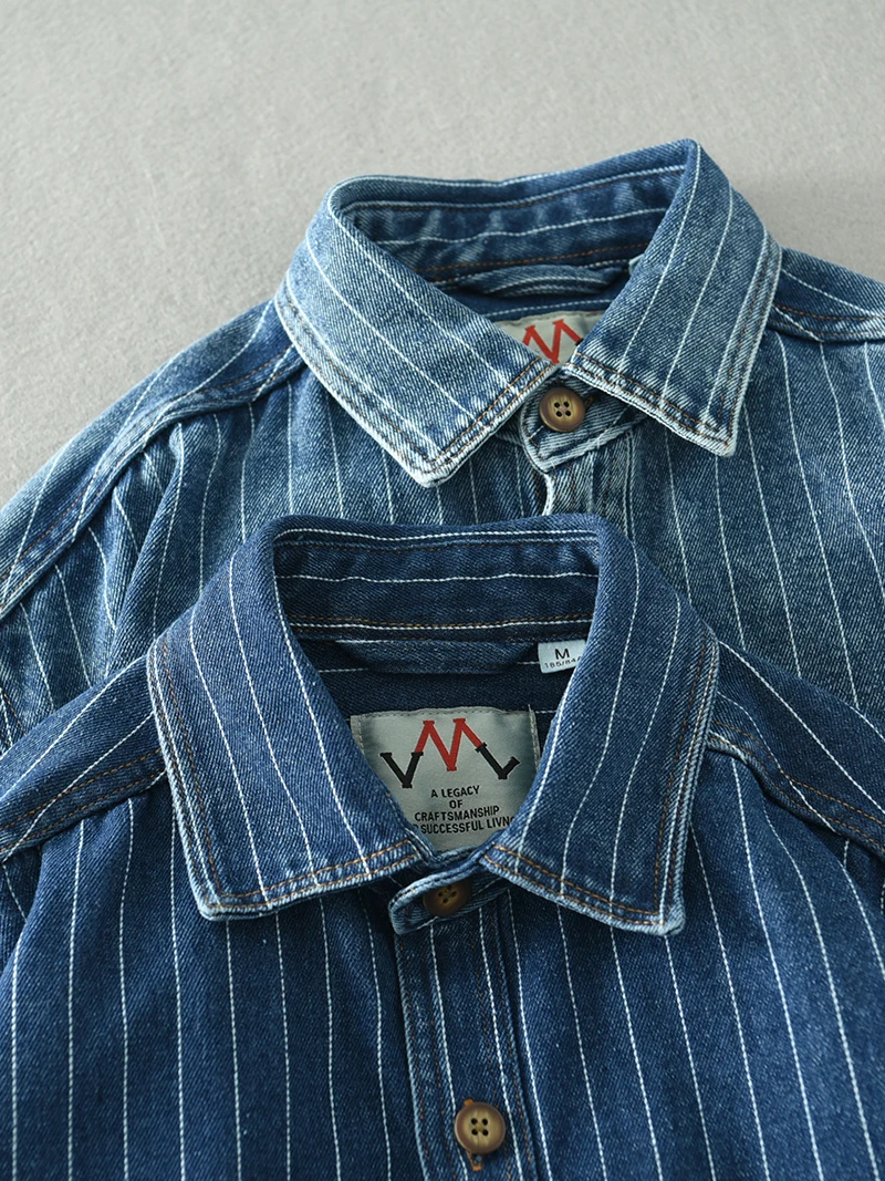 Spring And Summer New American Retro Men\'s Striped Washed Make Old Casual Denim Shirt Fashion Trend Loose Casual Tops