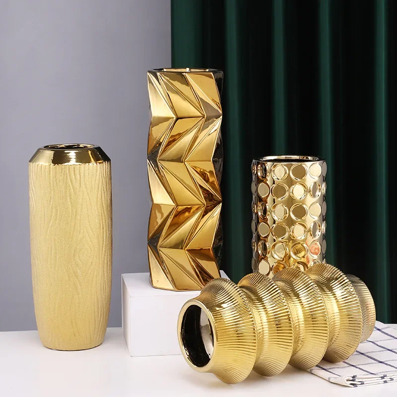 Gold Ceramic Vase Geometric Section Hydroponic Flower Apparatus Floral Arrangement Accessories Terrarium Home Decoration