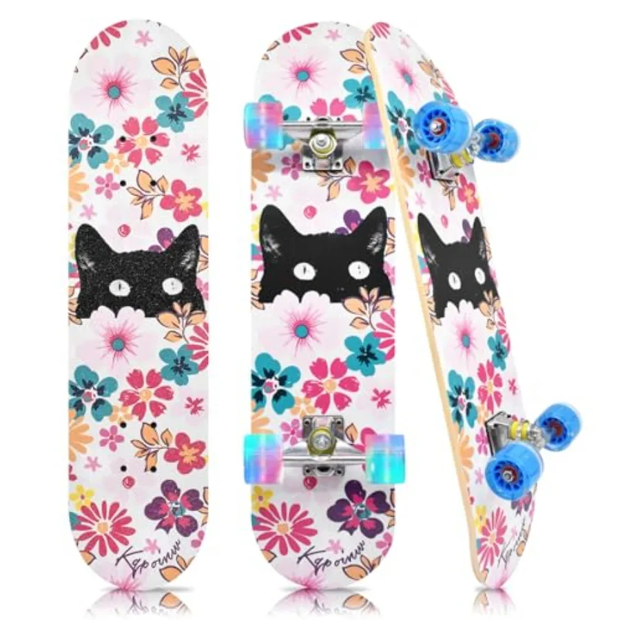 

Стандартные скейтборды с разноцветными светящимися колесами для начинающих подростков, 7-слойный кленовый скейтборд для девочек и мальчиков, 31 x 7 дюймов.