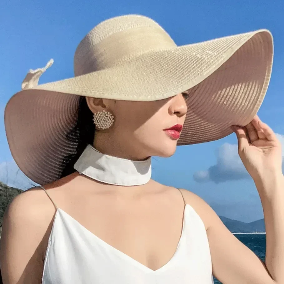 Big Bowkno Summer Fashion Sun Hats Beach Flat Panama Lady Casual Wide Brim Straw Hat Beach Cap Black Bow for Women Accessories