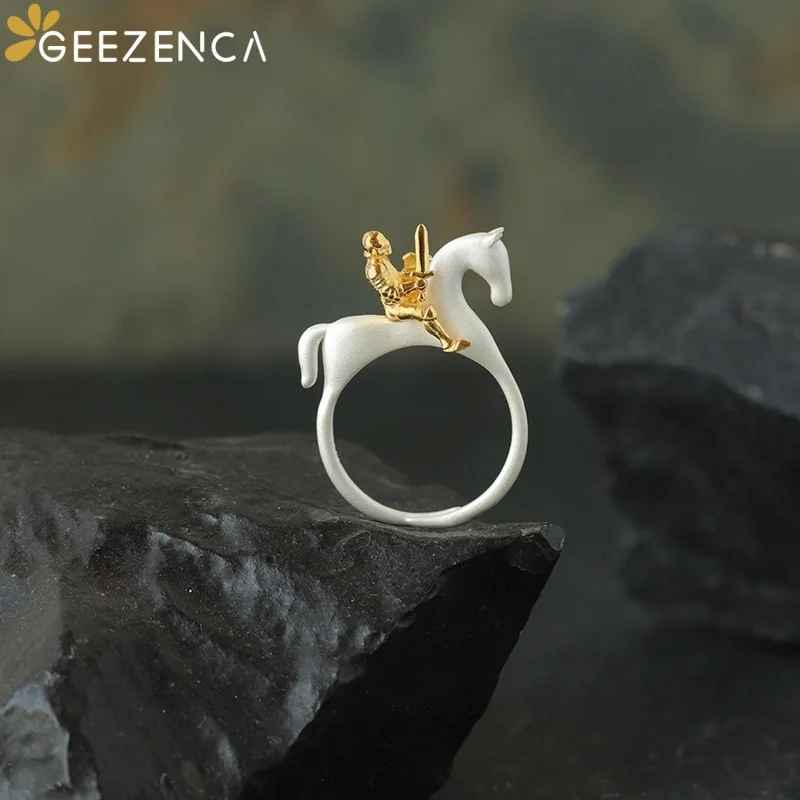 GEEZENCA 925 Sterling Silver Two Toned 3D Knight Horse Statement Rings For Women Designer Trendy Unique Open Ring Party Gift