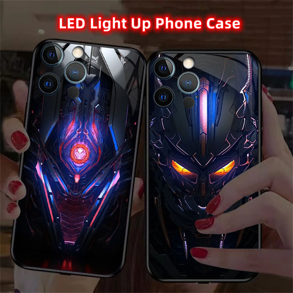 

Dark War Armor Sound Control LED Flash Cases For iPhone 15 14 13 12 11 Pro Max X XR XS 6 7 8 Plus SE2020 Luminous Glass Cover