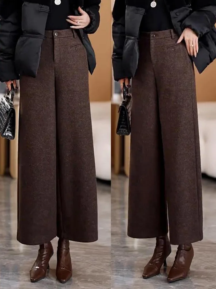 Caramel Colored Fce Lined Loose Thiened Autumn Winter Straight Leg Pants High Waist Commute Sle Women's Casual Trousers