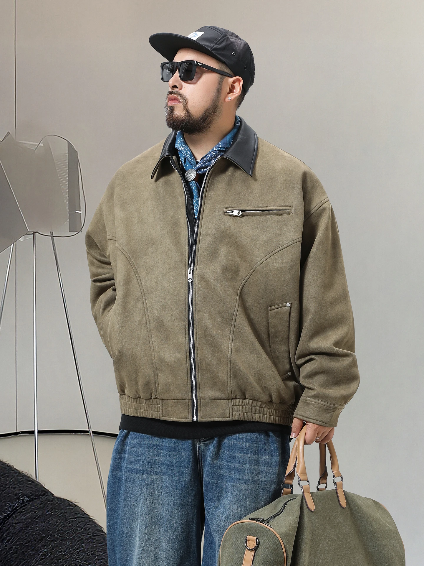 メンズ秋ジャケット大きいサイズアメリカンレトロスレカラースエードカジュアルトップコートジッパー開閉ロングスリーブポリエステル繊維