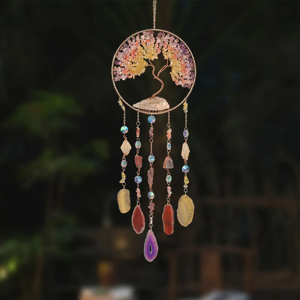 

Premium Feeling Natural Crushed Stone Suncatcher Tree of Life Dreamcatcher Charm Wind Chime Decorative Pendant