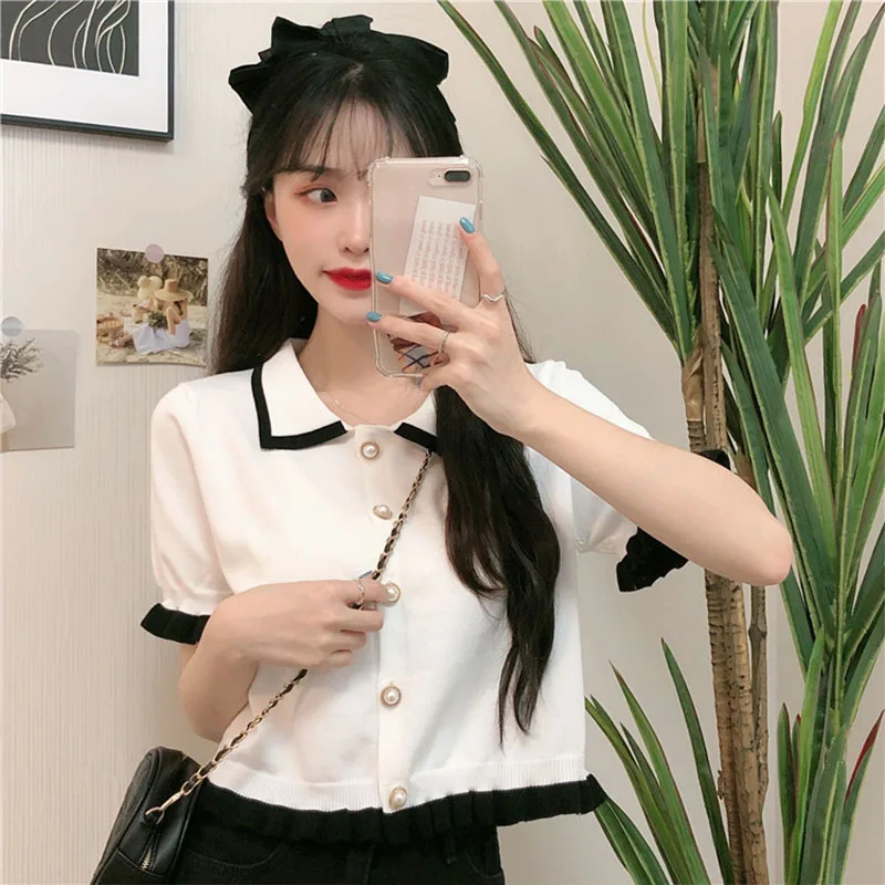 Casual Daily Wear Polo Collar Knit Top For Women Ruffle Detail Pearl Button Short Blouse