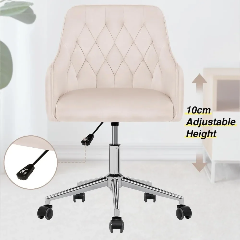 كرسي مكتب مخملي من HOFFREE كرسي زينة لطيف مع عجلات لغرفة النوم كرسي مهام منجد للمكتب المنزلي (بيج) #5