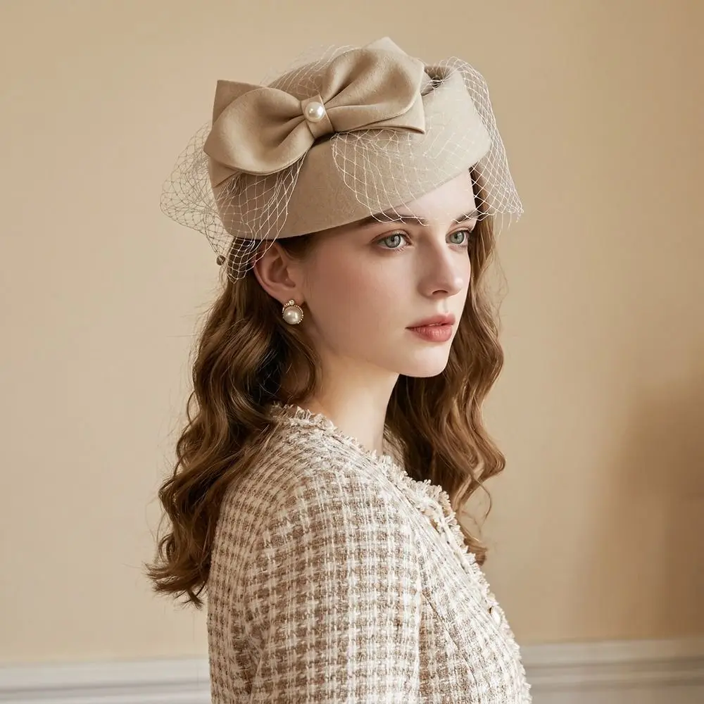Uniform Stewardess Hat French Style Bow Fedora Hat Fedoras Pearls Mesh Topper Hat Teardrop Dome Medicine Box Hat Wedding Party