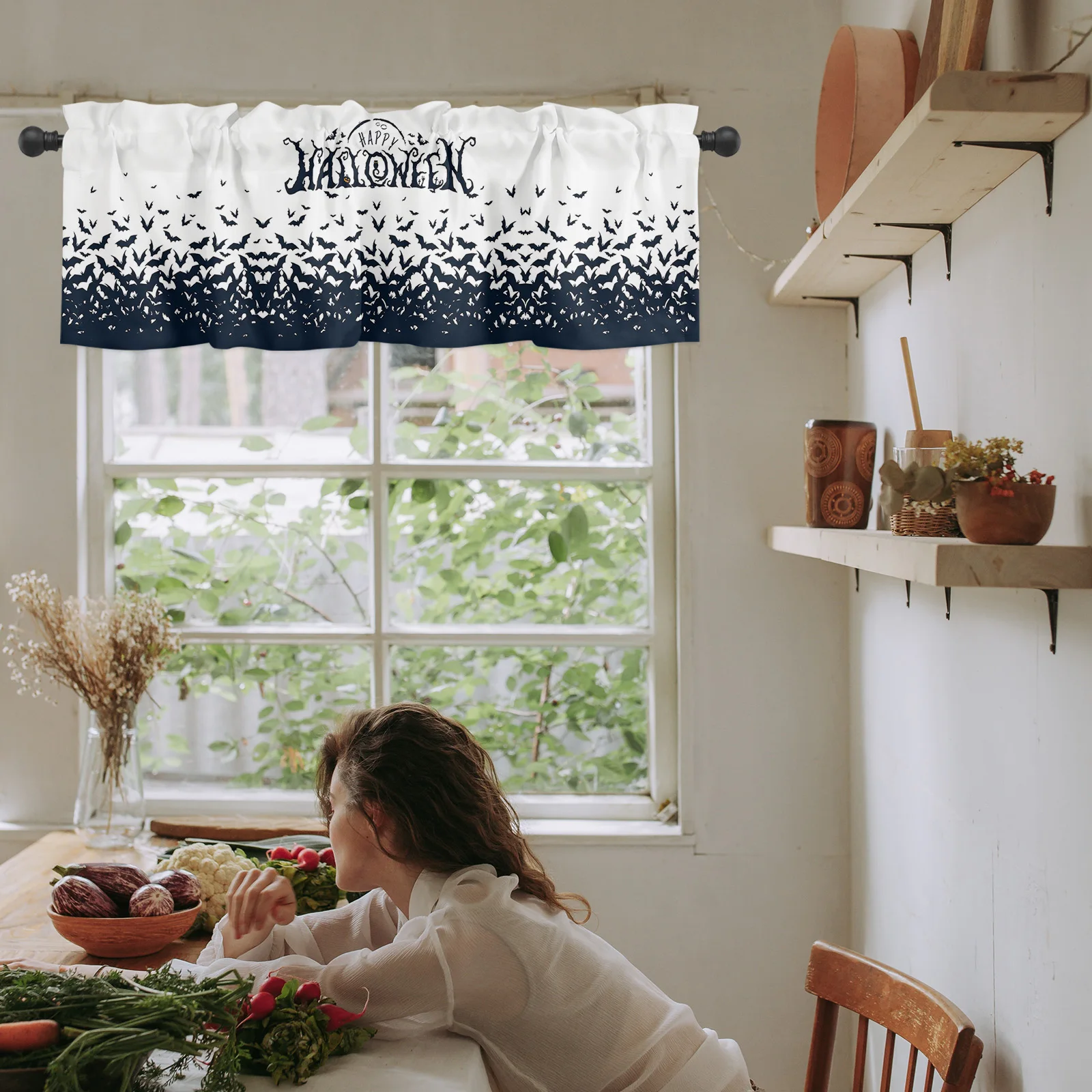 Curtain Valance for Living Room,Happy Halloween Vampire Bat  Valance for Kitchen Window Valance Valance Rod Pocket 1 Panel