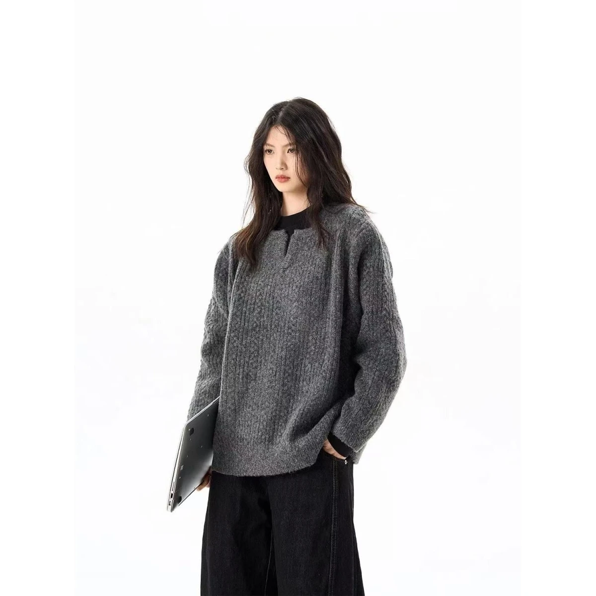 

Мужской свободный трикотаж в американском стиле ретро с воротником Генри, длинный свек, теплый повседневный зимний свитер из полиэфирного волокна