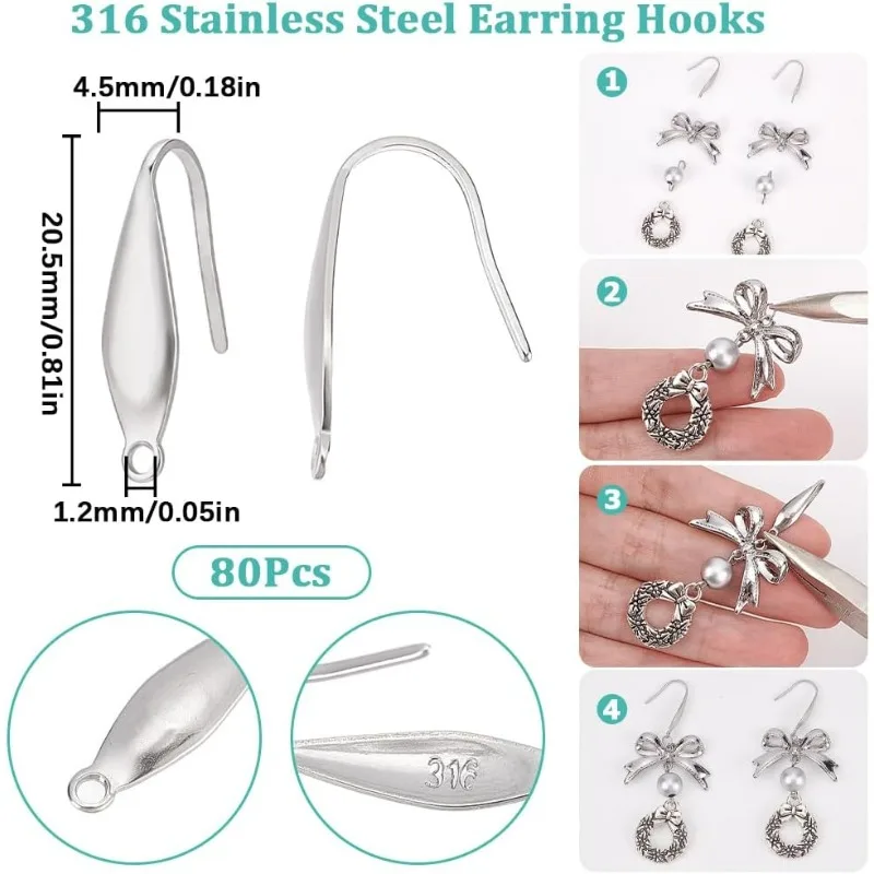 1 Box 80Pcs Earring Hooks Stainless Steel Findings Hook with Loops Ear Wires Wide Fish Hooks French