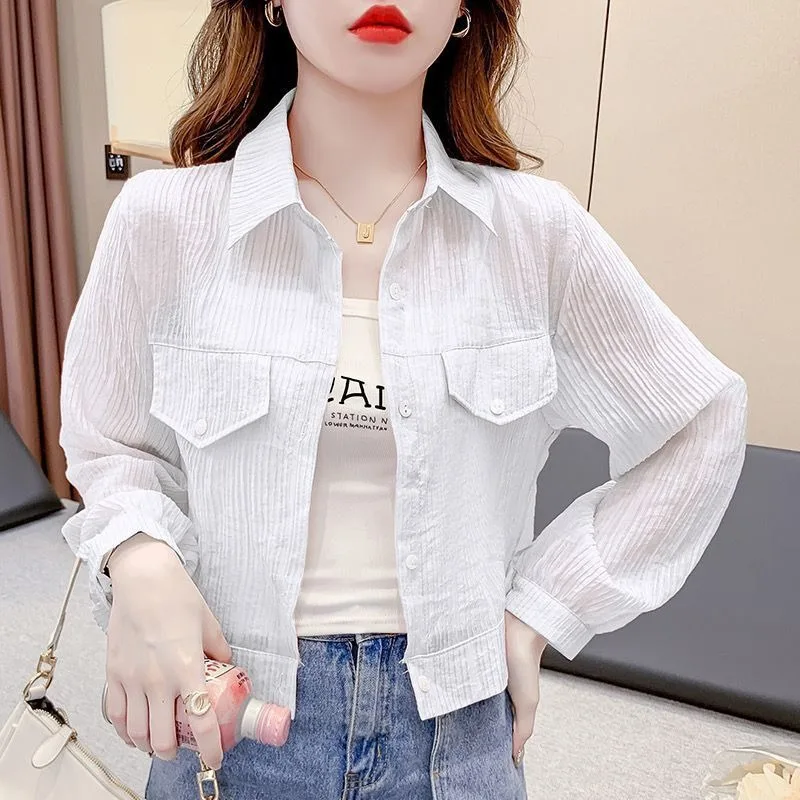 Commuter Versatile Niche Sun Protection Ice Silk Chiffon Shirt Women's Summer 2024 New Loose Cropped Long-sleeved Top