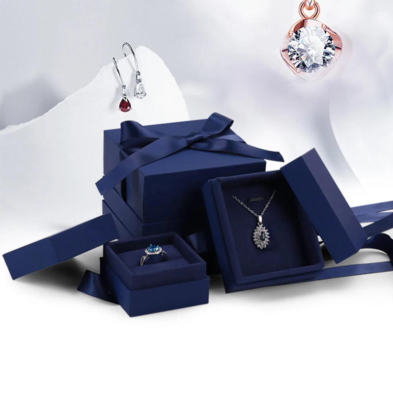 

Blue top and bottom cover with bow jewelry storage box ring stud necklace pendant bracelet storage and display box