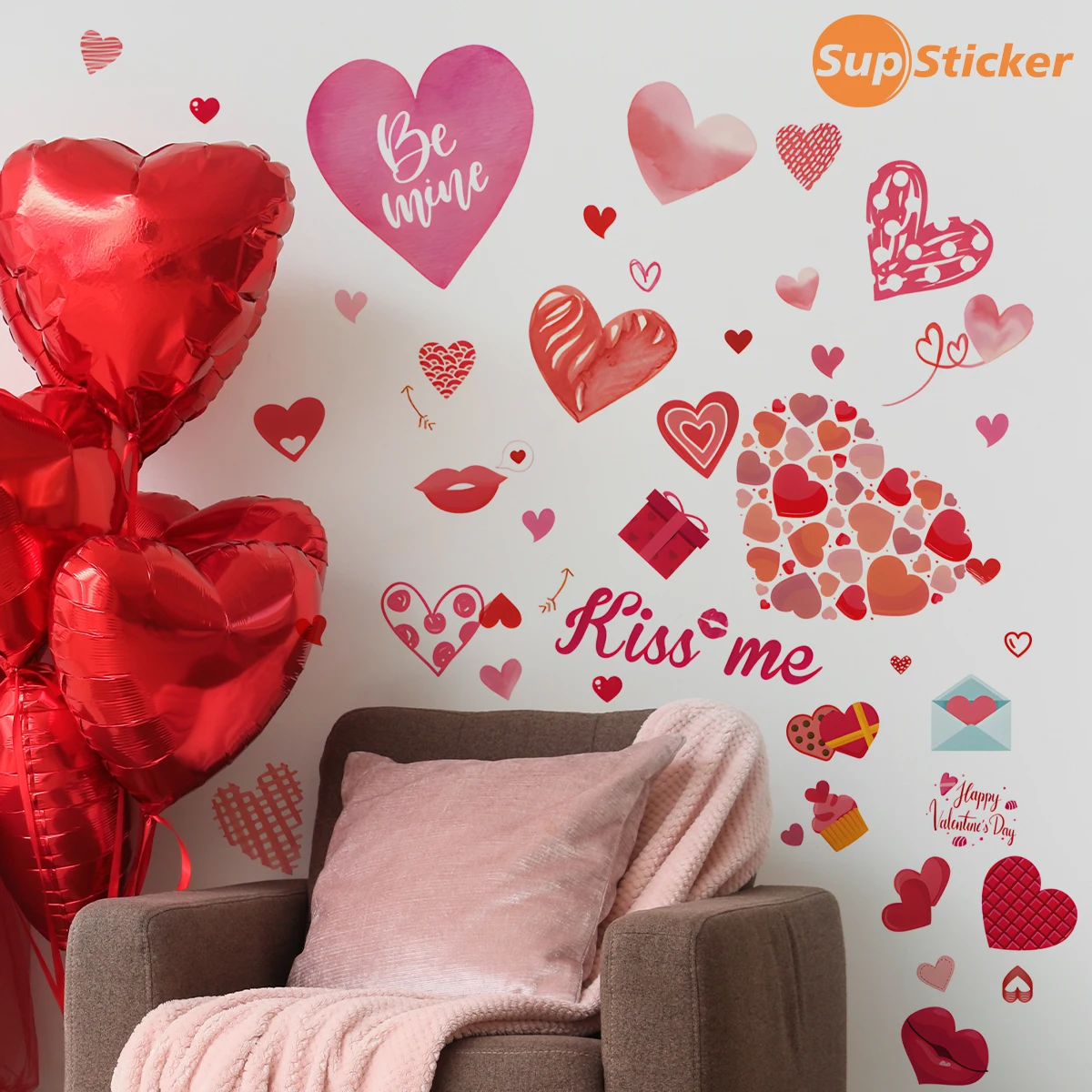 Valentine's Day Heart Wall Decals, Peel and Stick 