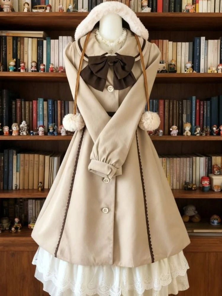 Japanse Zoete Slanke Jas Dames Y2k Mode Preppy Stijl Pop Kraag Boog Jassen Herfst Winter Mode Lange Overjas 2025 Nieuwe