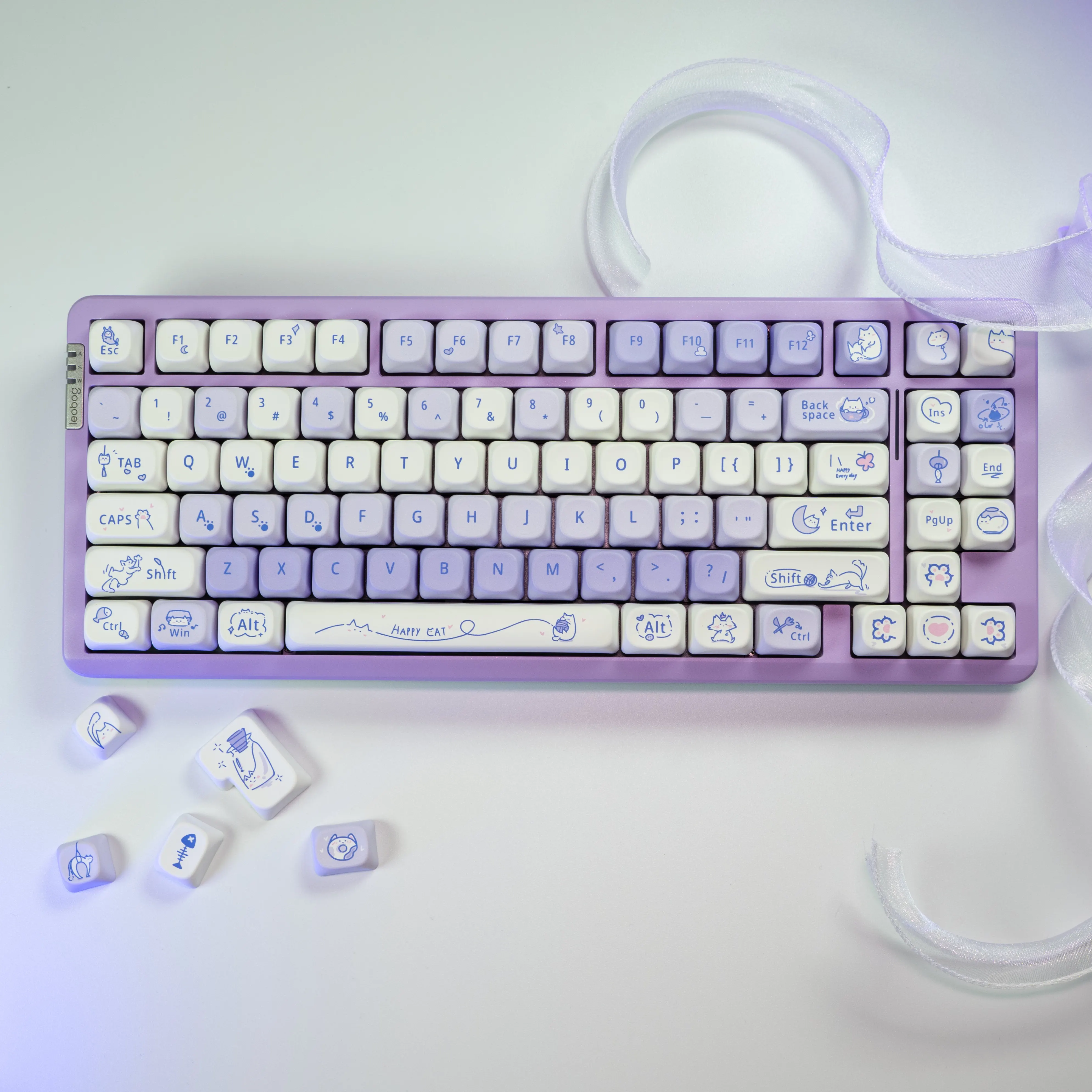 CAPWAYI Taro Cat Artisan Keycaps 130 toetsen PBT-set, MOA-profiel 5-zijdige Dye-Sub paars wit thema met metalen visgraatcadeau voor MX