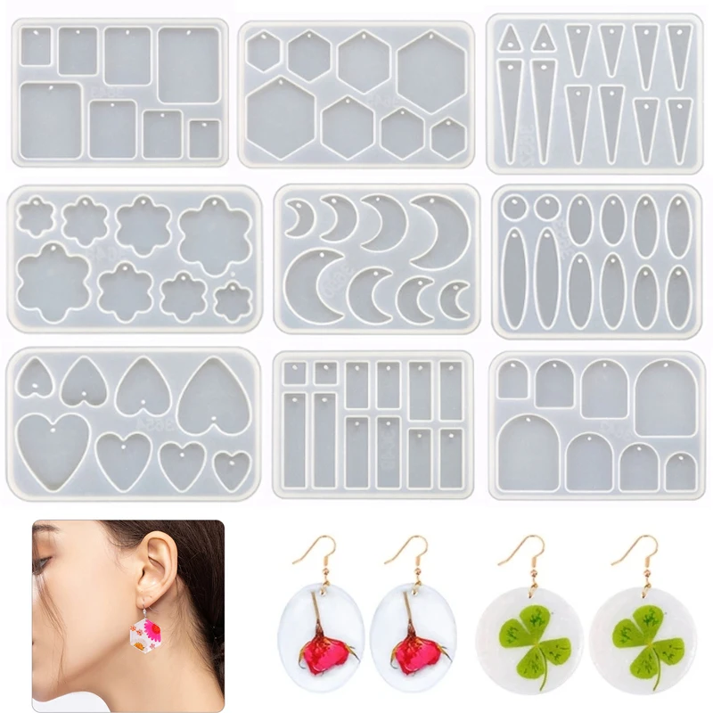 DIY Multi-Shapes Earrings Silicone Mold with Hole Moon/Heart/Flower/Geometry Necklace Keychain Pendant Charms Epoxy Resin Mould