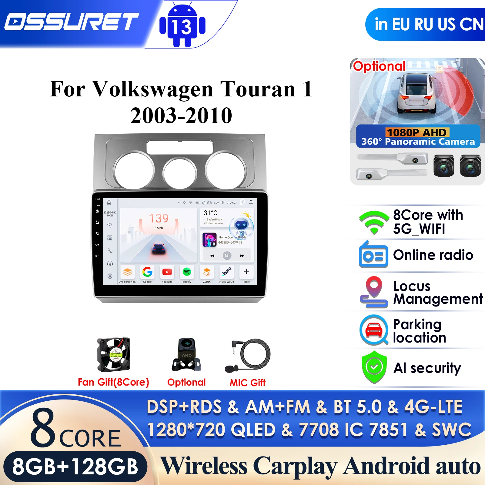 Android 13 Car Radio for VW Volkswagen Touran 1 2003 - 2010 Multimedia Video Player GPS Carplay QLED Touch Screen Auto Stereo 8G