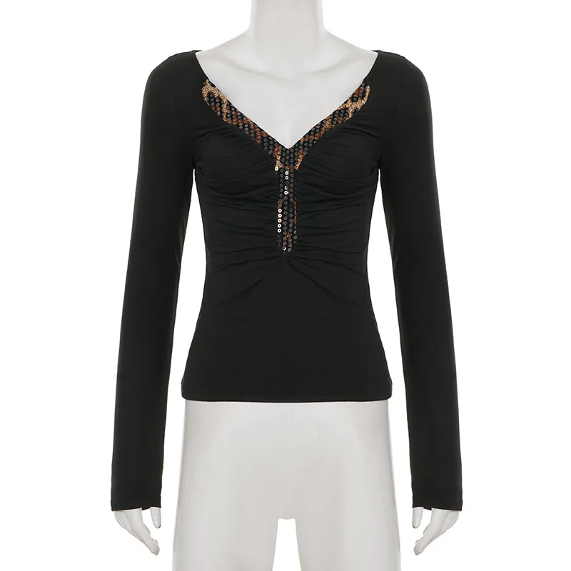 Herfst en winter heet meisje sexy luipaardprint pailletten patchwork geplooid T-shirt met V-hals en lange mouwen voor dames