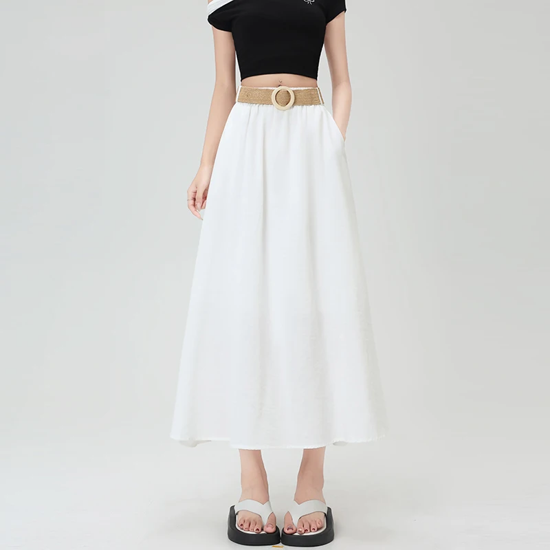

Белые хлопковые и льняные женские юбки трапециевидной формы с высокой талией и карманами, новинка 2025, богемные повседневные свободные женские юбки-зонтики