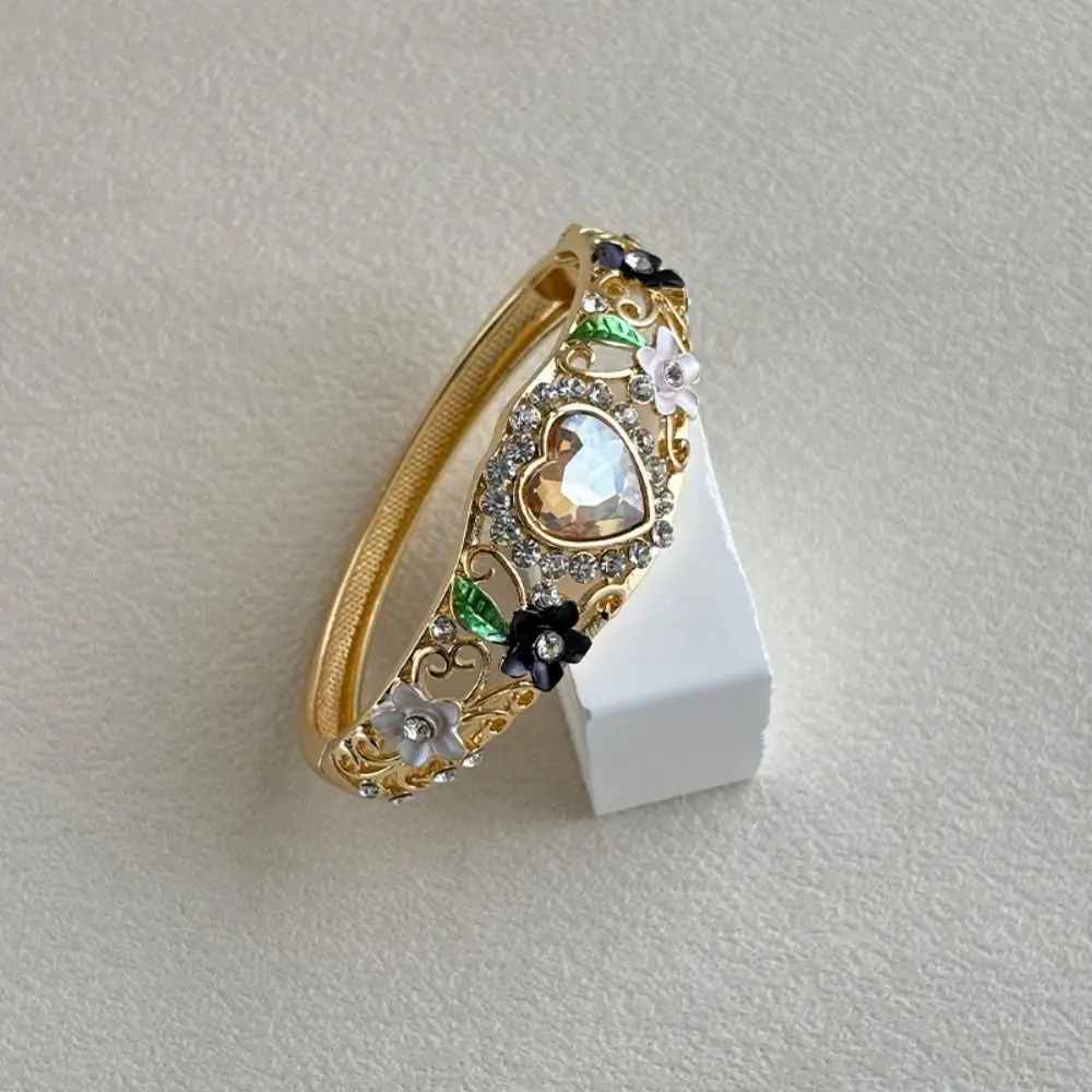 Colorful Vintage Cloisonne Bangle Enamel Classic Heart Crystal Bracelet Traditional Open Cuff Flower Bangle Jewelry Gifts
