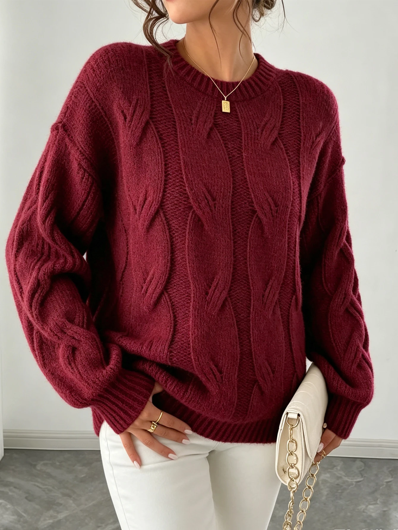 Burgunderroter Rundhalspullover mit Grobem Zopfmuster für Damen, Herbst- und Wintermode im Europäischen und Amerikanischen Retro-Stil, Lässiger Oversize-Pullover mit Fallenden Schultern und Langen