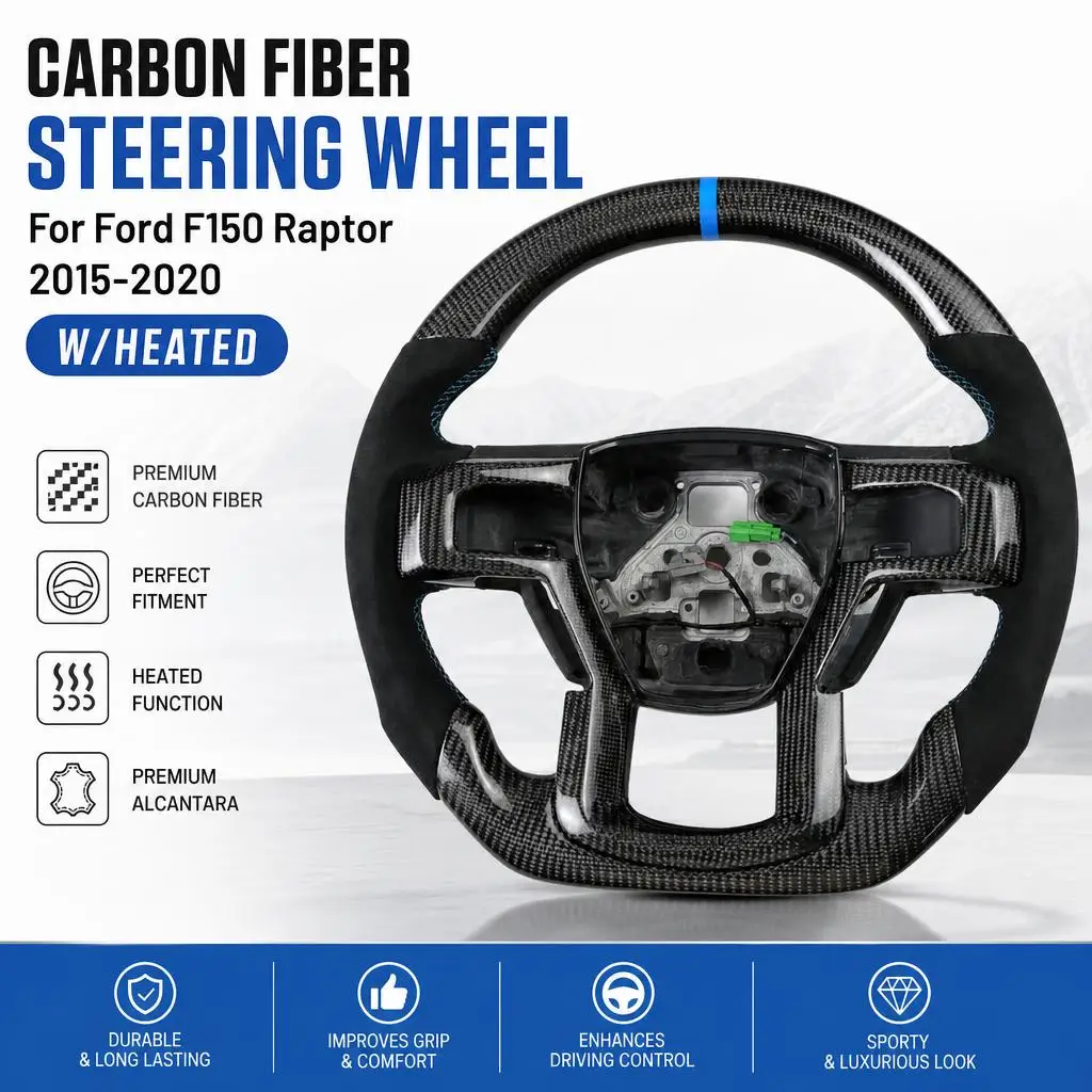 Real Carbon Fiber Steering Wheel W/Heated For Ford F150 Raptor 2015-2020 Blue Stripe Perforated Leather