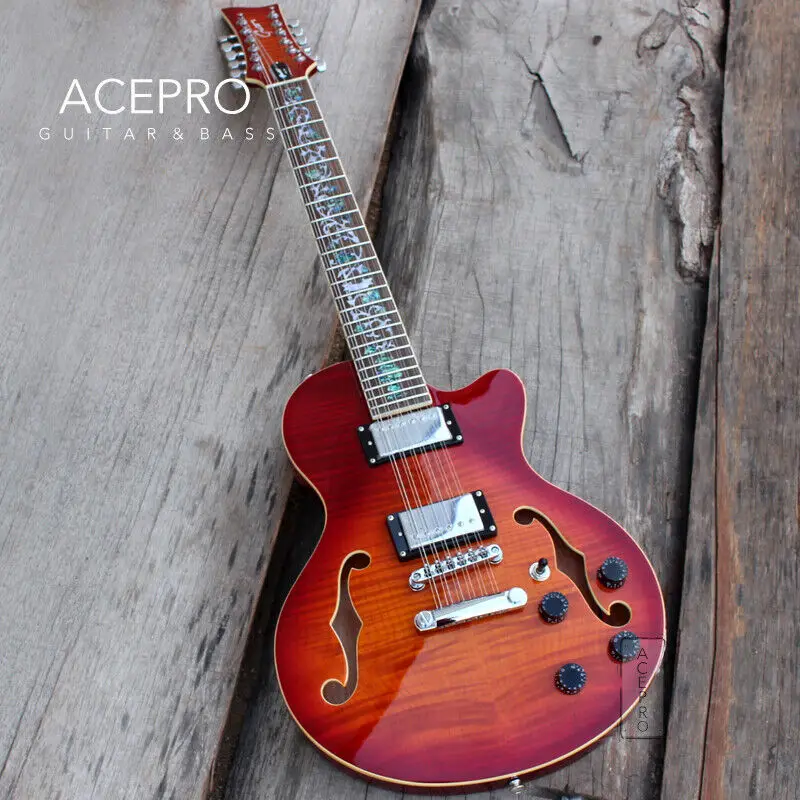 Grote F-Holes Semi Hollow Body 12 String Electric Guitar, Abalone Flower Inlay, Cherry Burst Flamed Maple, Free ShippingGuitarra