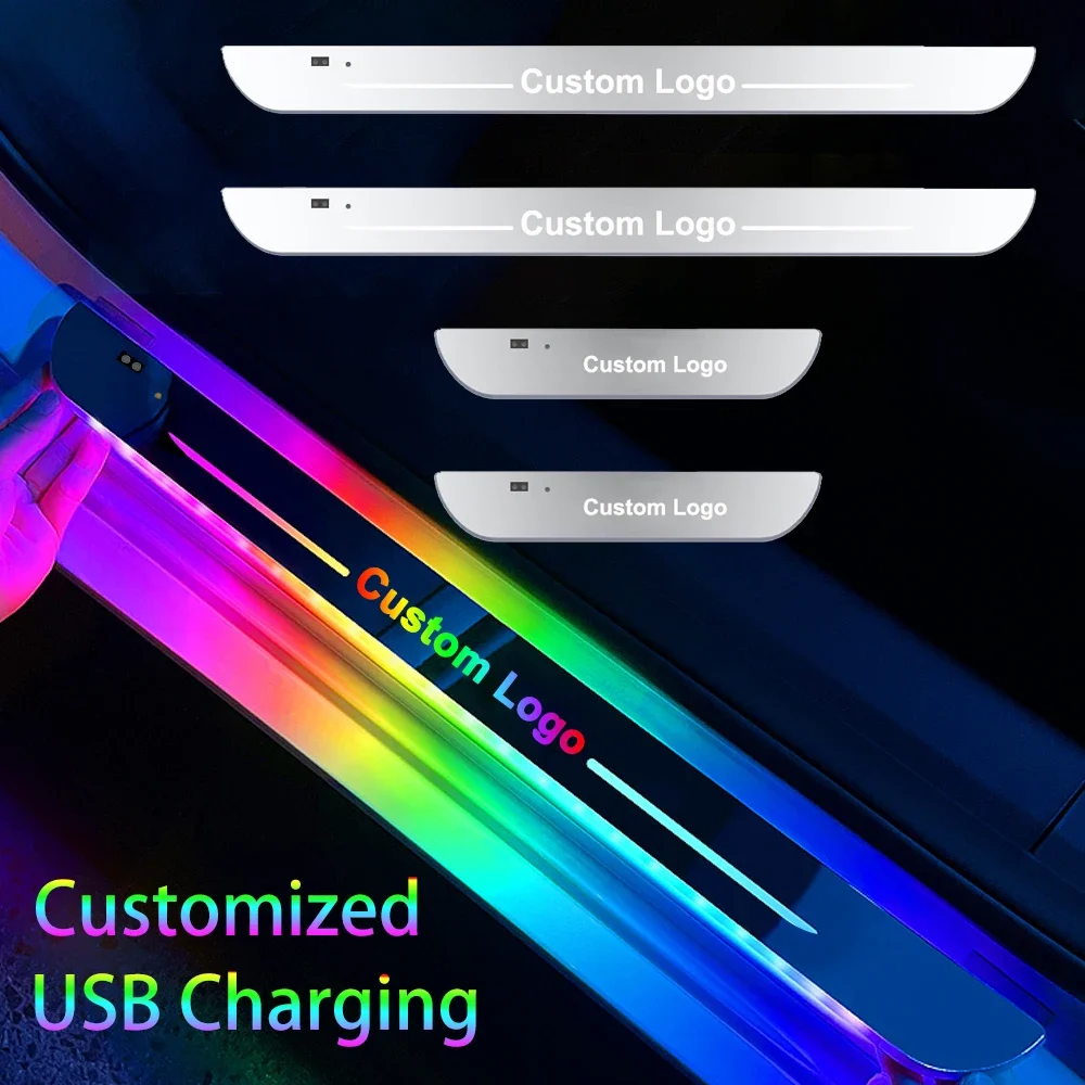 New LED RGB Welcome Car Scuff Plate Pedal Light style Car Door illuminated Sill light Logo Projector Lamp USB Power Wireless