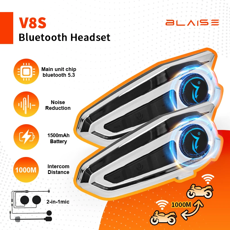 BLAISE V8S Motorcycle Bluetooth Intercom Music Sharing 1000m 2 Riders Group Helmet Communication Speaker Headset Interphone