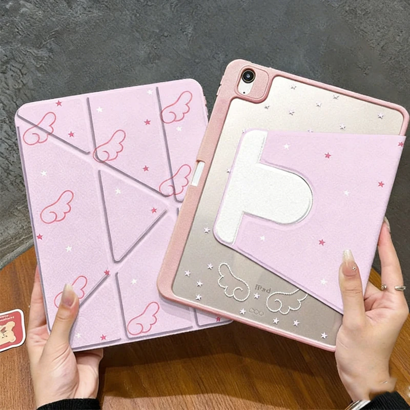 

Чехол Y-fold Rotating для iPad 2025, розовый, минималистичный, с крыльями и звездами, для Pro 11 дюймов, Air 7/6/5, универсальный для 9/10 поколений