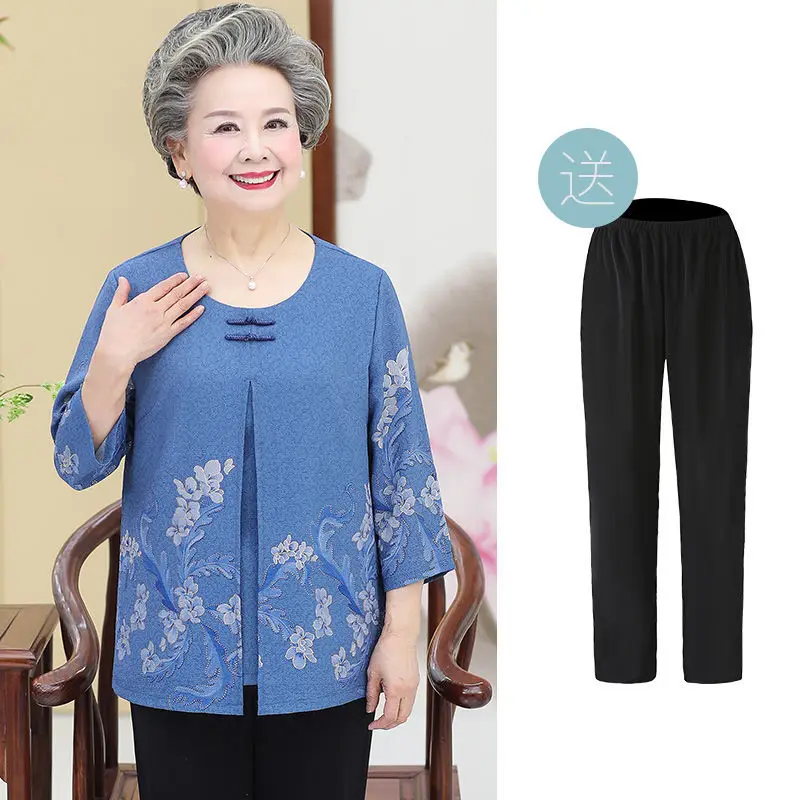 Retro Elderly Mother Spring Summer Fall Clothes 60-85 Years Old Grandma T-Shirt Pant Suit 2 Piece Sets Womens Outfits XL-6XL