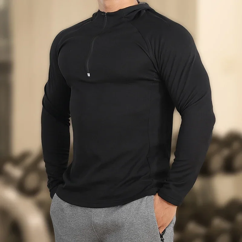 Men Outdoor Running Hoodies Fitness Sport Hooded Shirts Golf Half Zip Tops Workout Outer Clothing Male Cottony Sweatshirt