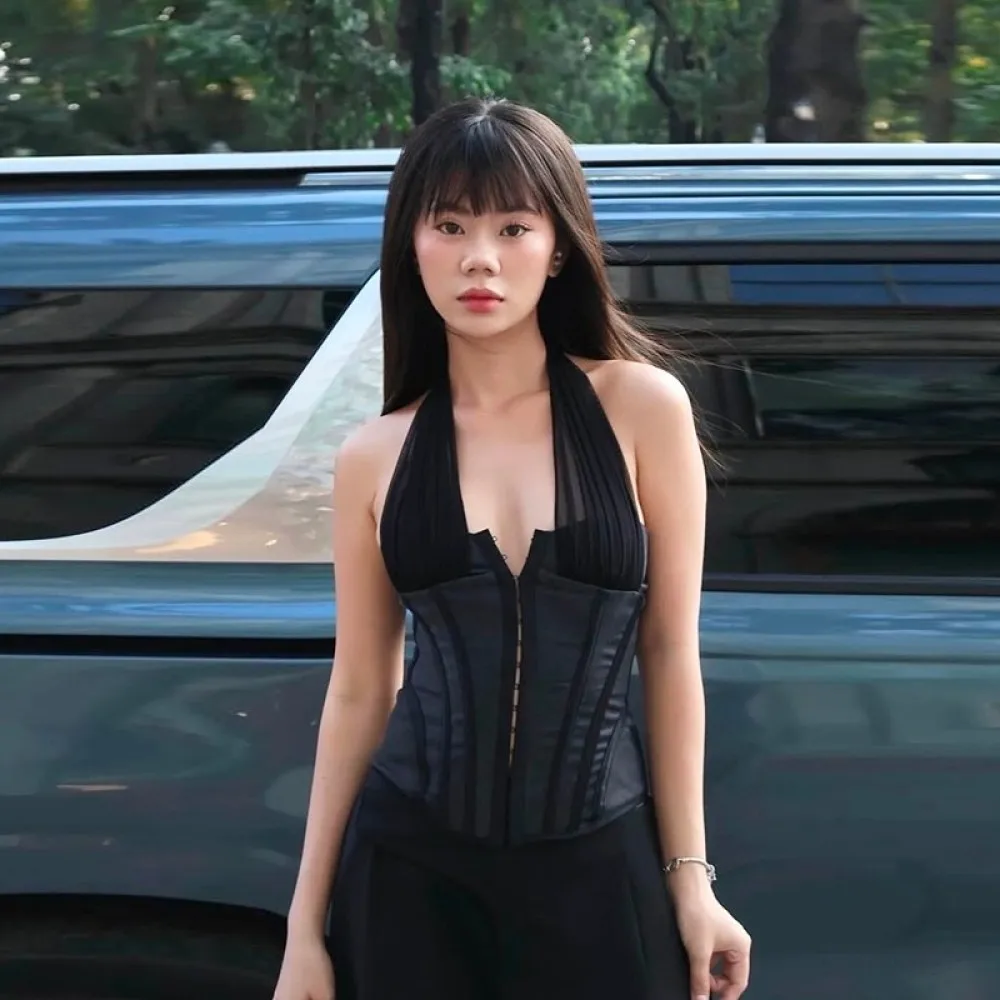 SylCue Mesh Patchwork Tank Tops Women Halter Off Shoulder Single-Breasted Backless High Street Style Sexy Fashion Skinny Vest
